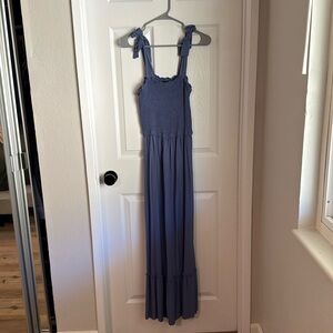 Smocked Tie Shoulder Blue Maxi Dress